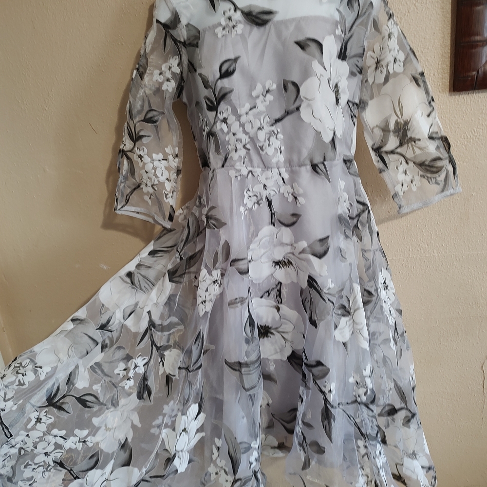 NWT Silver White Floral Print Chiffon Sheer Dress Fashion Mia Small Medium